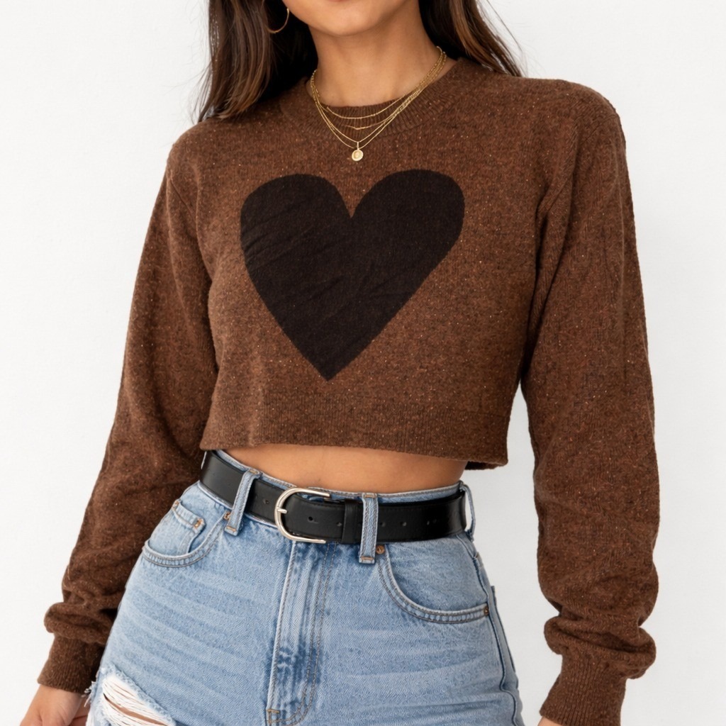 525 America Cropped Sweater Women's Medium Brown Ribbed Crew Neck 100% Cashmere
